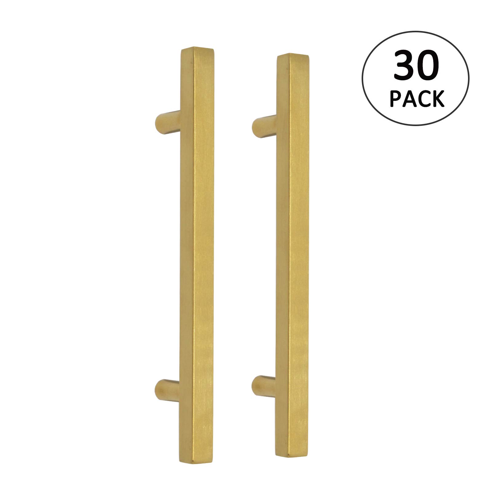 Gold Cabinet Pulls 5” Hole Centers 30Pack Modern Kitchen Hardware Drawer Pulls Brushed Brass Handles Square T Bar Dresser Pulls and Handles Bathroom Cupboard Door Knob