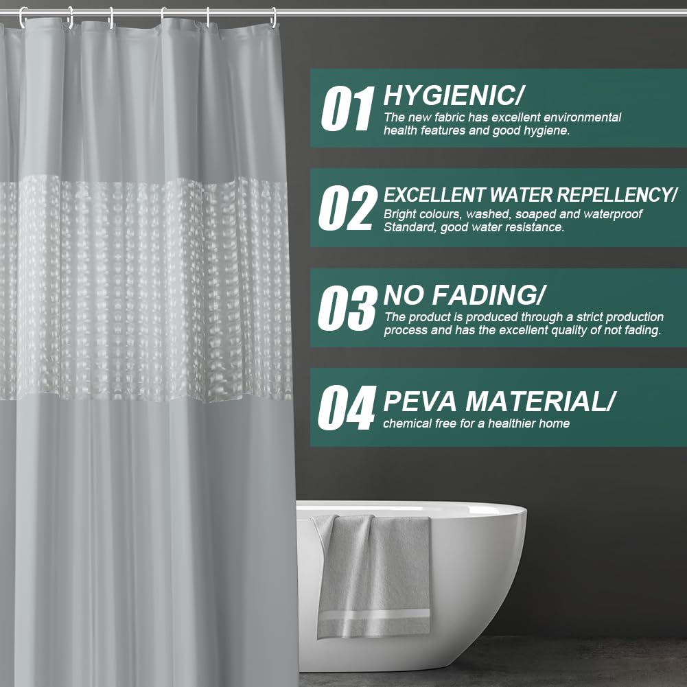 URAQT Shower Curtain Anti Mould, Waterproof PEVA Bath Curtains, Mildew Resistant Bathroom Shower Curtains with 12 Hooks - Image 4
