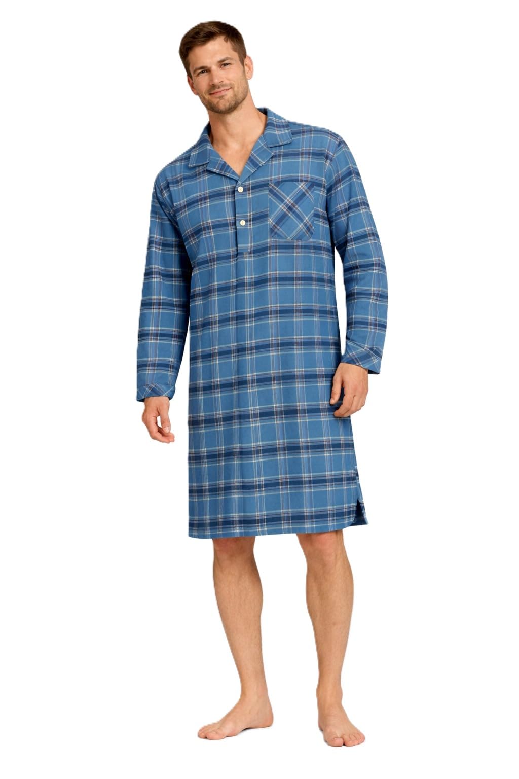 Malay Men's Plaid Flannel Nightshirt Long Sleeve Button Sleep Shirt Soft Cotton Nightwear with Pocket Comfortable Lounge Nightwear M-5XL (UK, Alpha, 5XL, Regular, Regular, Blue Check)