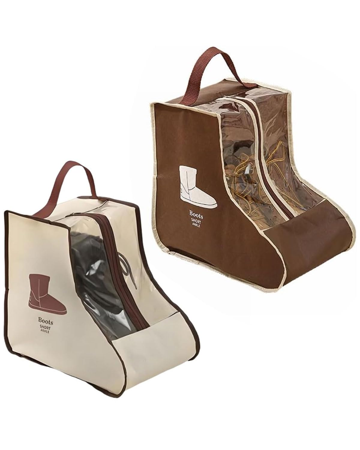 2pcs Borse Portatili per stivali corti - Portatile Antipolvere Borsa per Scarpe, Borsa per Scarpe con Cerniera con Manico, Organizer per Stivali per casa e Viaggi, Beige/Marrone