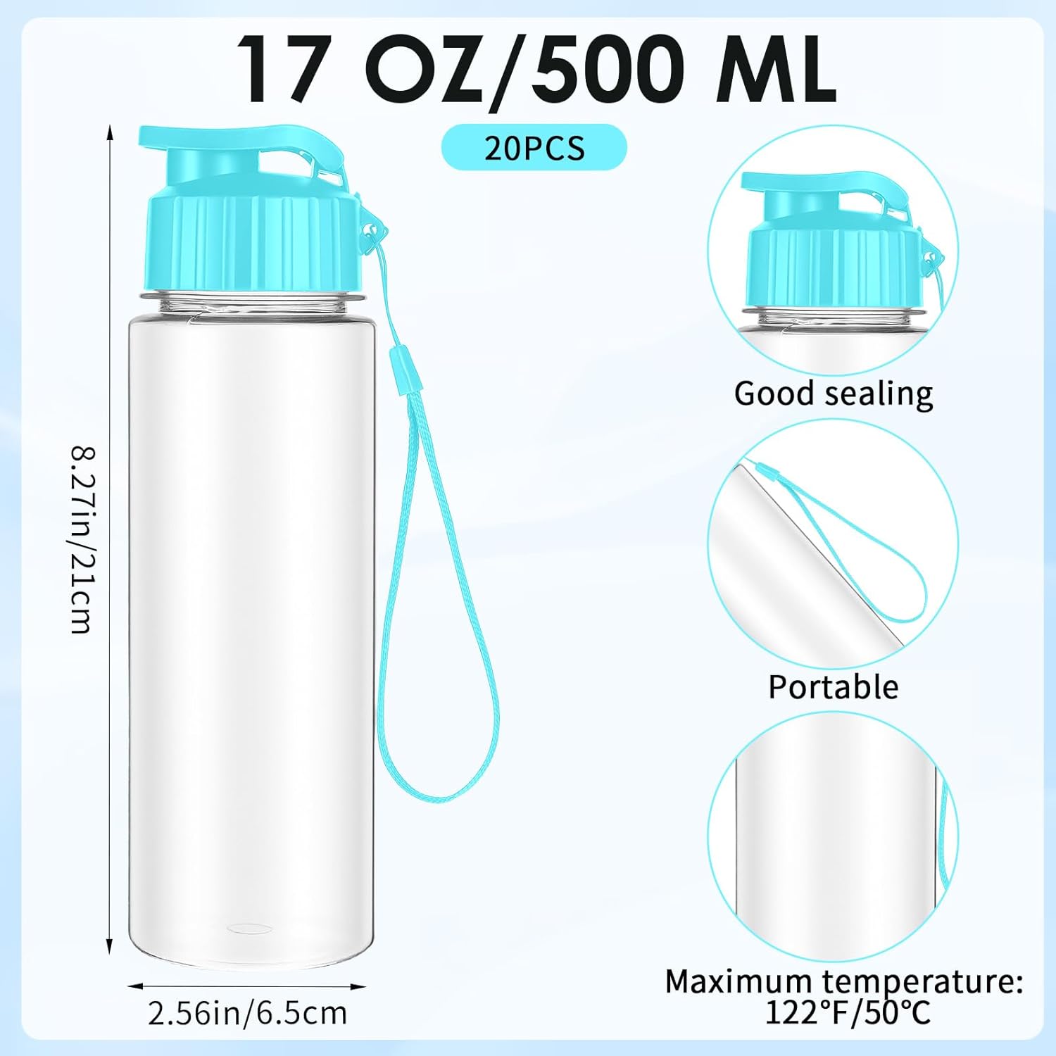 20 Pack Plastic Water Bottle Bulk 17 oz Gym Sport Adults Reusable Large Bottles with Leak Proof Flip Top for Adults Fitness Travel School Party Outdoor (Assorted Color) - Image 2