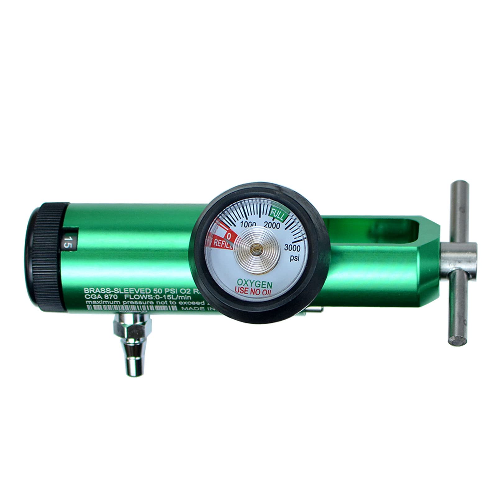Mini Oxygen Regulator, 0-15 Liters per min, Brass Sleeve, 870 CGA Connection, Brass Sleeve