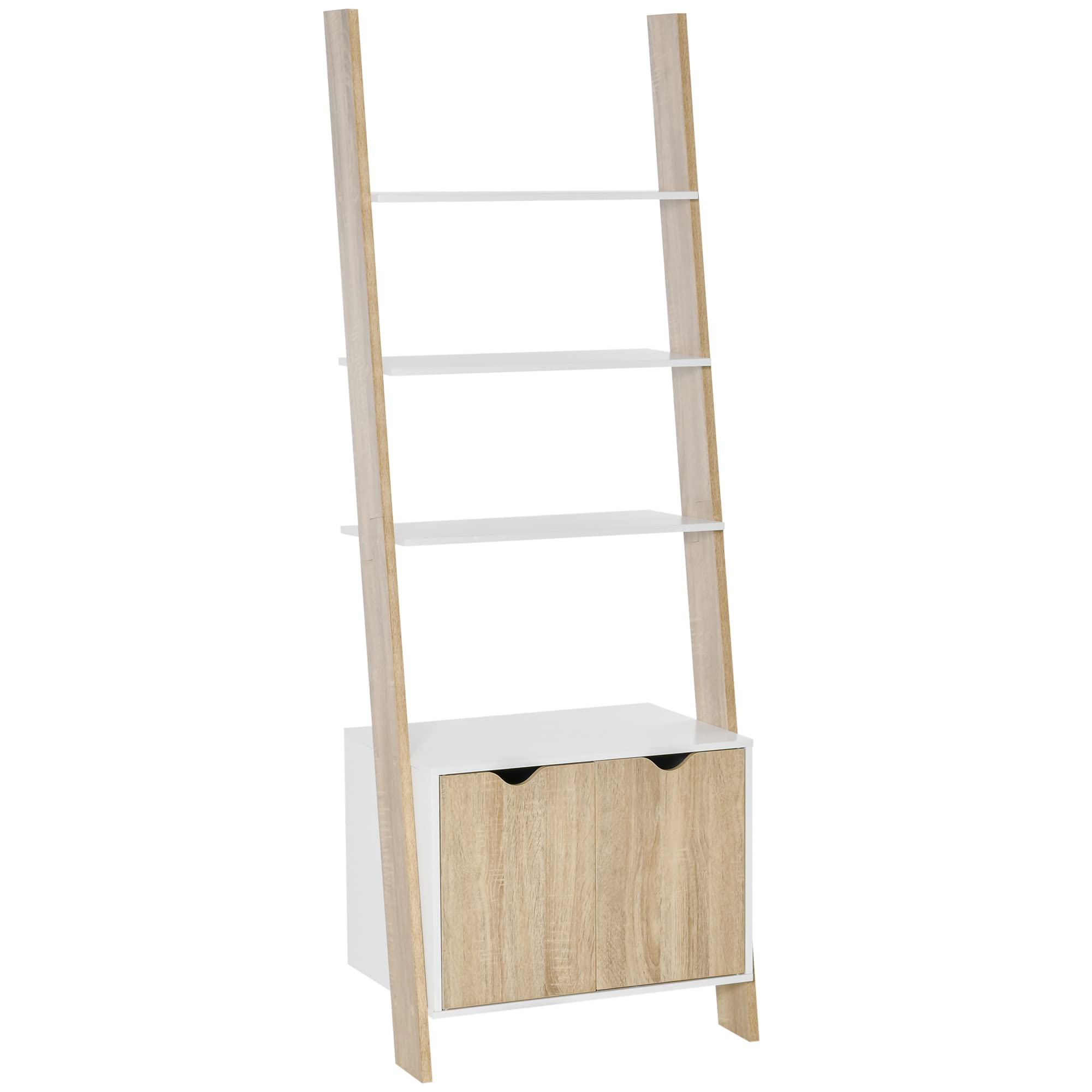 HOMCOM Estantería en Forma de Escalera de Madera Librería con 3 Estantes y 1 Armario de Almacenaje Estilo Nórdico Moderno 60x40x171 cm Roble y Blanco