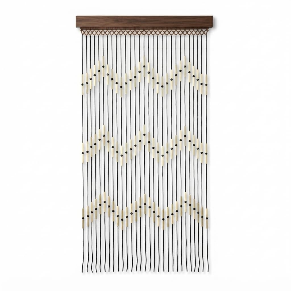 Sizi Bamboo Beaded Door Curtain 180x90CM | Stranded Brown Bead Provence Curtain For Doorway Retro Handmade Natural Wooden Fly Screens For Doors, Zigzag
