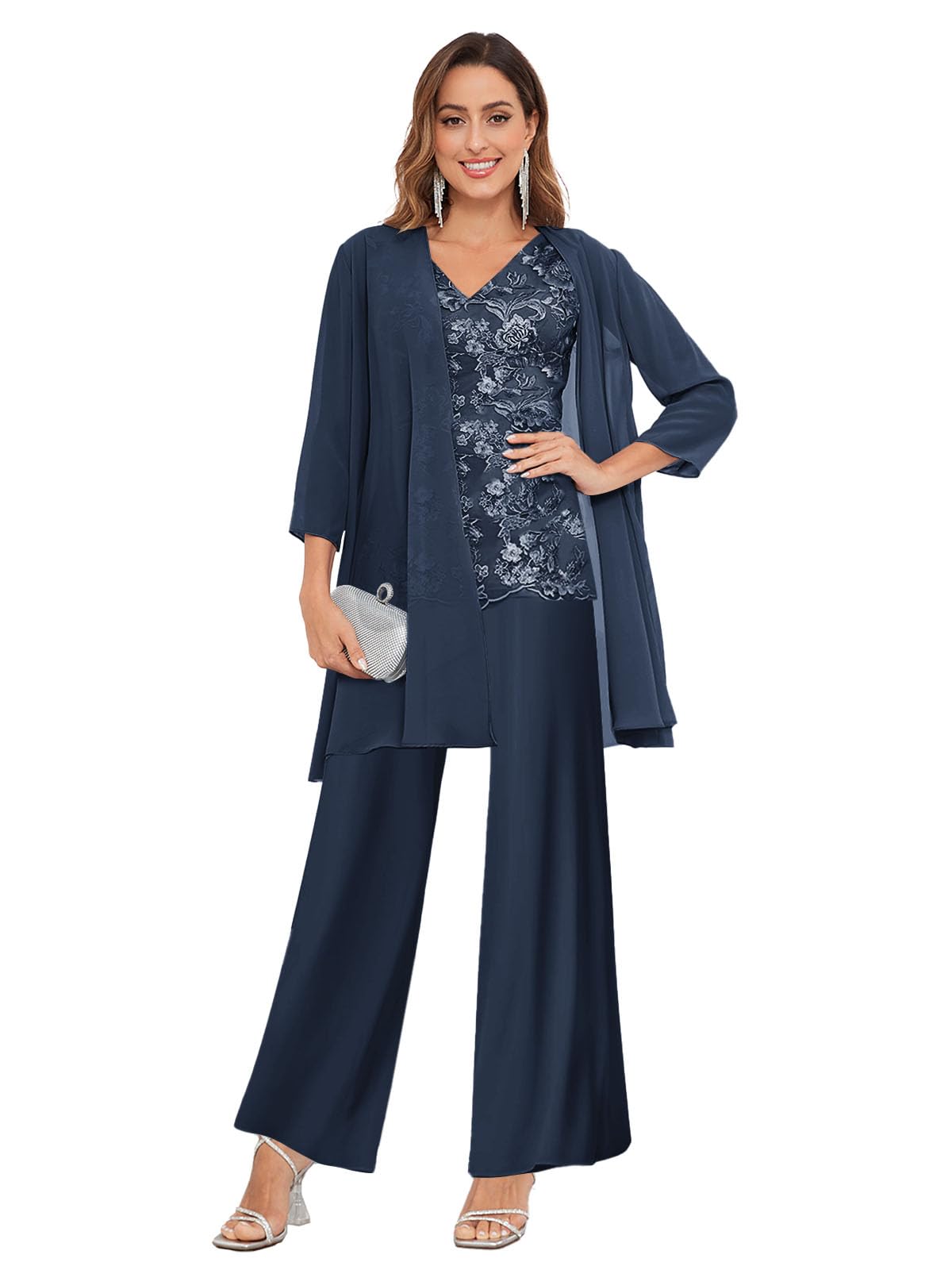 OFEECHUN 3 Pieces Mother of The Bride Pant Suits for Wedding 3/4 Sleeve Chiffon Lace Formal Pants Outfit with Jacket