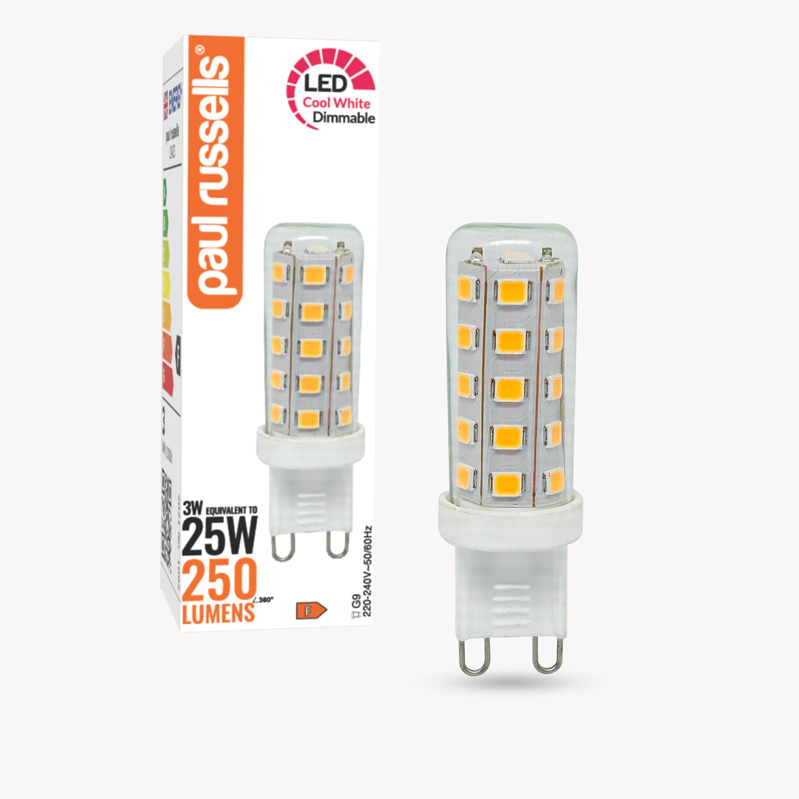 paul russells Dimmable G9 LED Bulbs - Cool White 4000K, 3W, Equivalent to 25W Halogens, AC 220-240V, 250LM, CRI>80, Energy Saving G9 LED Capsule Light Bulbs for Home Lighting, Flicker-Free, 1 Pack