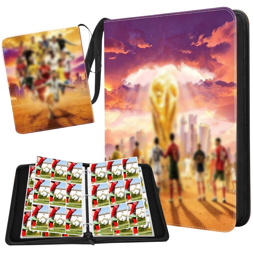 Football Card Binder, 9 Pocket Card Collection Folder with 50 Removable Sleeves Fits 900 Sport Cards, Trading Card Games Collection with Zipper and Handle Strap, Removable Match Attax Binder