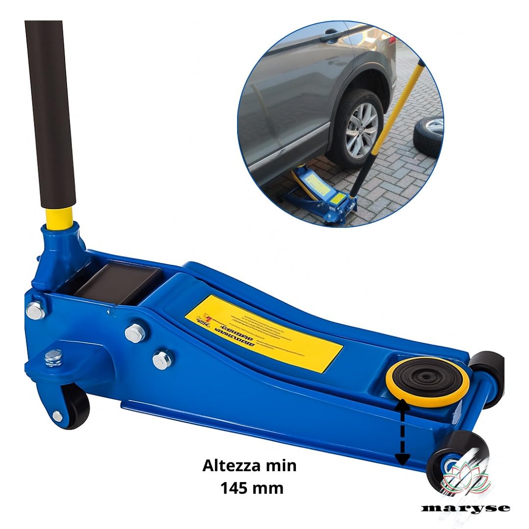 Maryse Cric Idraulico a Carrello Professionale 4 Ton – Sollevatore da Officina in Acciaio Rinforzato con Doppio Pistone – Altezza 145-500 mm, Valvola di Sicurezza, Ergonomica e Ruote Girevoli