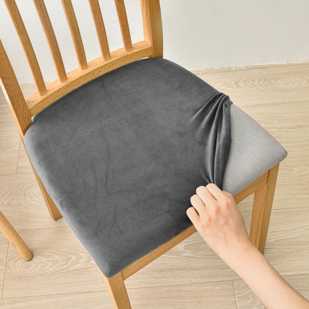 Highdi Dining Chair Seat Covers set of 1/2/4/6, Stretch Spandex Velvet Seat Cushion Slipcovers, Removable Washable Seat Protector Cover for Dining Room Living Room Office Hotel (dark grey,1 pc)
