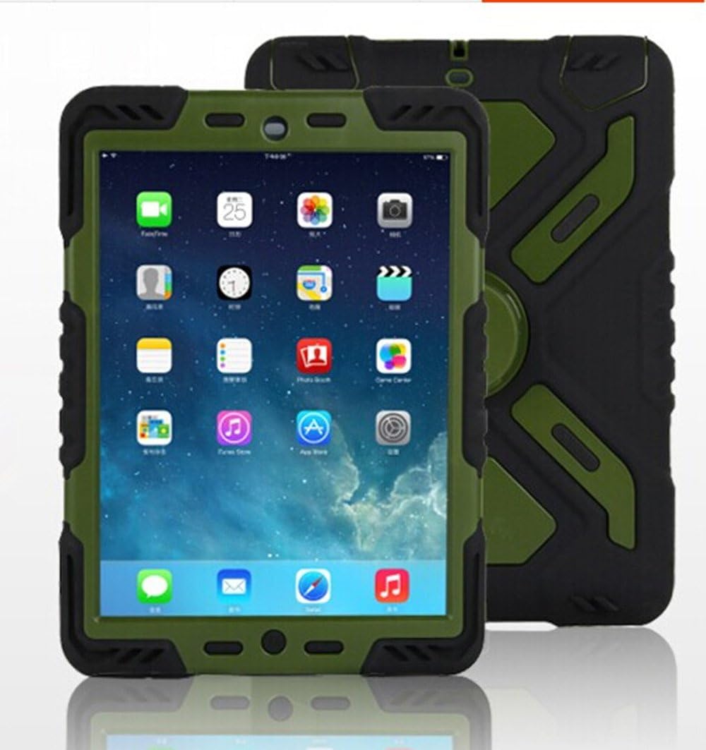 Hot Newest Ipad 2/3/4 Case Silicone Plastic Kid Proof Extreme Duty Dual Protective Back Cover with Kickstand and Sticker for Ipad 4/3/2 - Rainproof Sandproof Dust-proof Shockproof (BLACK-OLIVE)