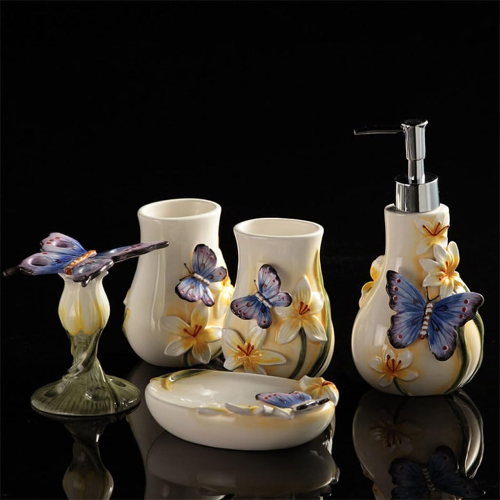 Set da bagno in ceramica con stampa a farfalla, 5 pezzi, dispenser di sapone, portaspazzolino, 2 bicchieri e portasapone Set da bagno