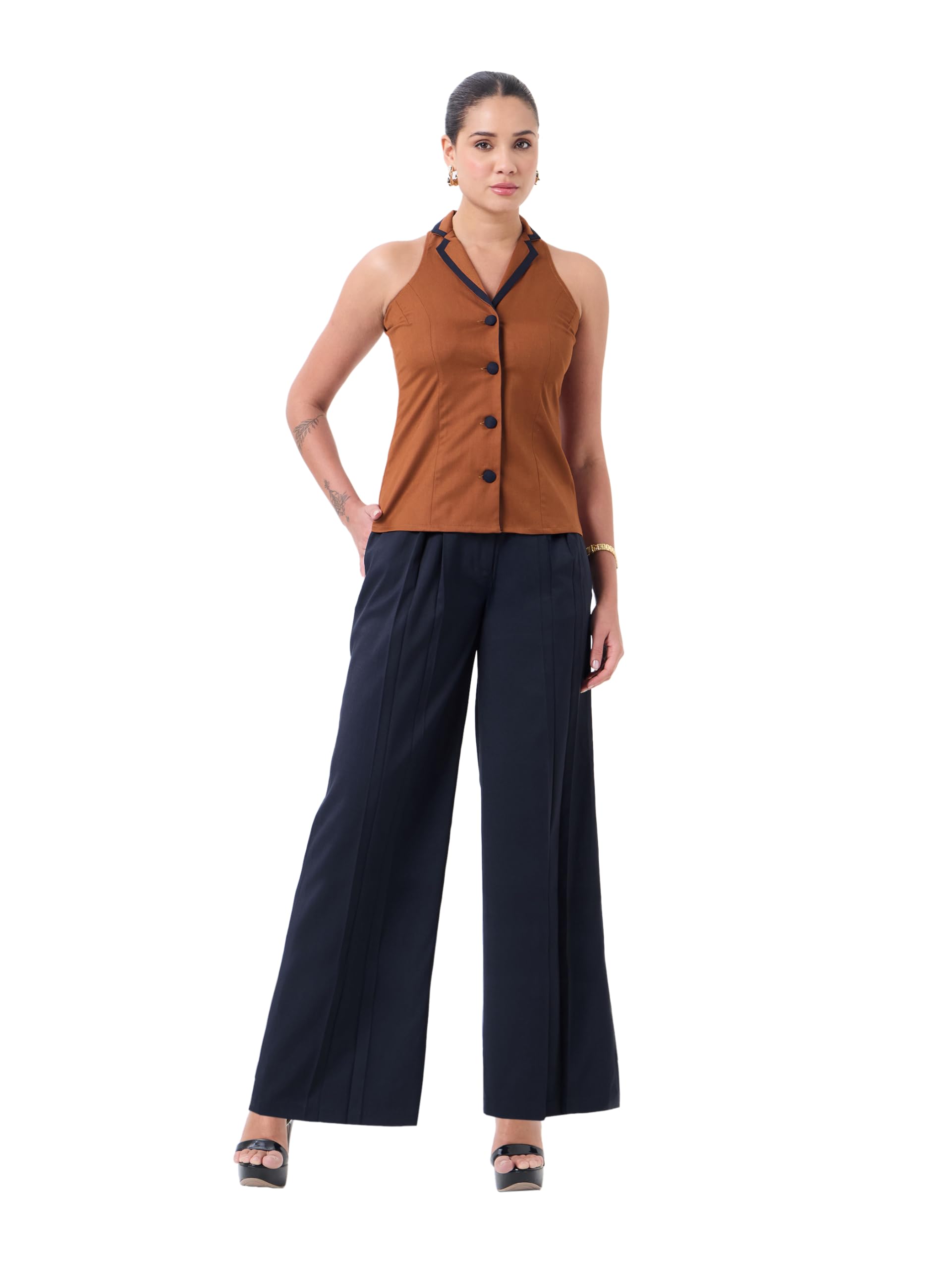 Women Rust Orange & Navy Blue Co-Ord Set | Sleeveless Notch Collar Vest Top | Straight Fit Trousers with Waistband, Belt Loops & Pockets | Elegant Two-Piece Formal Office & Casual Wear Outfit-image-5