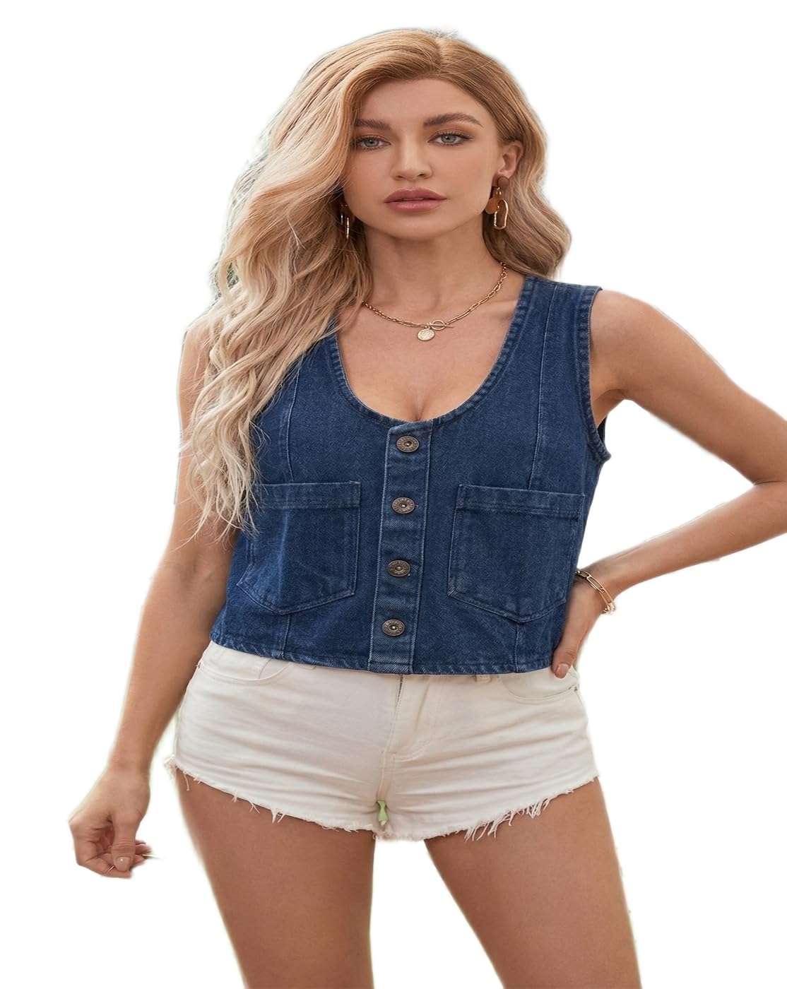 fashardor Women's Denim Vest Crop Top - Button Down Sleeveless Jean Waistcoat with Pockets, Vintage Slim Fit Casual V-Neck Denim Jacket Tank Top-picture-42