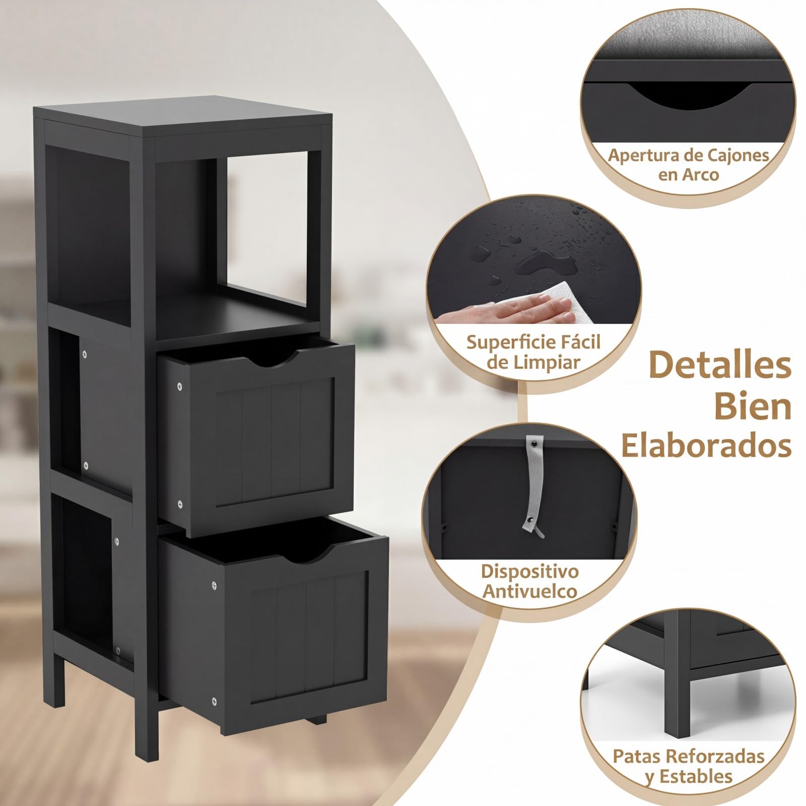 Lifezeal - Mueble de baño con 2 cajones extraíbles, armario de madera con estante abierto, 30 x 30 x 89,5 cm, color negro