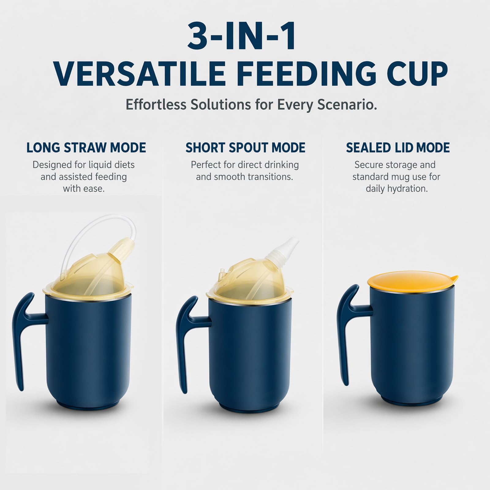 Tazza 3 in 1 con beccuccio per anziani, con manico, 400 ml, per adulti, a prova di perdite, in acciaio inox, adatta per anziani, pazienti, disabili, donne incinte