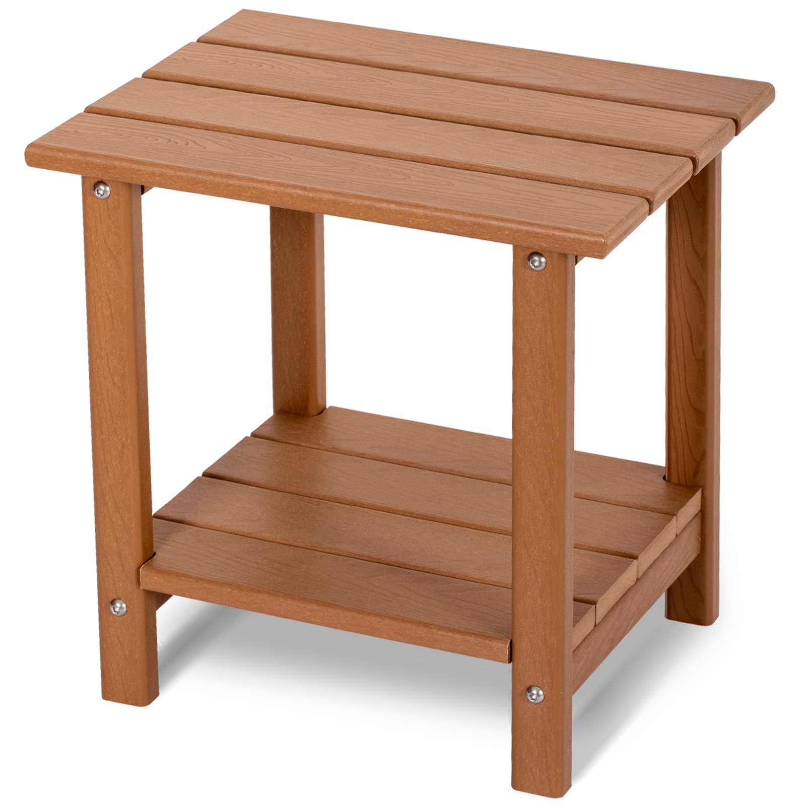 2 Tier Outdoor Side Table with Wood-Like Grain, 16.6" HDPE Adirondack Table Patio Side Table, Weather Resistant End Table for Pool, Patio & Porch, Small Outdoor Table(Teak, Rectangle)
