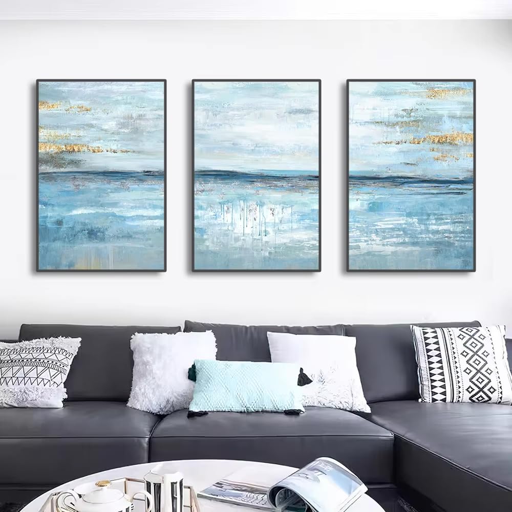awtrhfc Frameless Posters Abstract Light Blue Gold Canvas Painting Pictures Nordic Wall Art Print For Living Room Home Decor(20x30cm(8x12in) x3/No frame)
