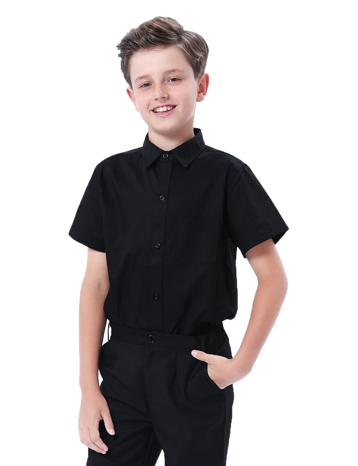 mintgreen Camisa De Escolar Color Sólido Manga Corta Botón para Niño, 7-14 Años