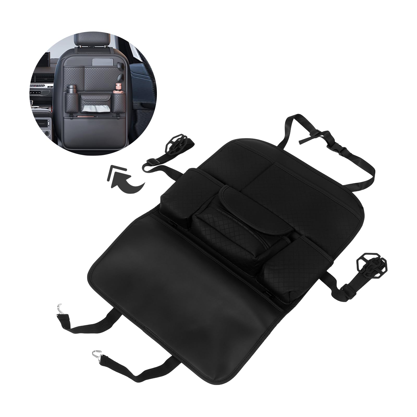 Organizer per Sedile Posteriore Auto Nero, Borsa Portaoggetti Multifunzione Sospesa con Porta Tablet e Portabicchieri, Organizer Schienale Auto Compatibile con Suv, Camion