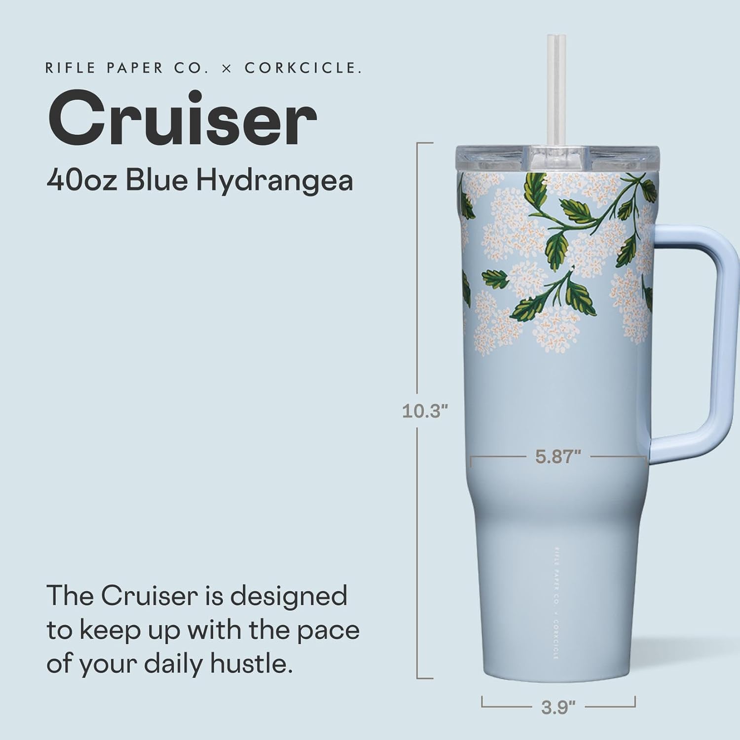 Corkcicle x Rifle Paper Co. Cruiser Insulated Tumbler with Handle & Straw - Keeps Drinks Cold 20 Hours - BPA-Free - 40 oz - Gift for Mom - Great for Mother's Day or Christmas - Gloss Blue Hydrangea