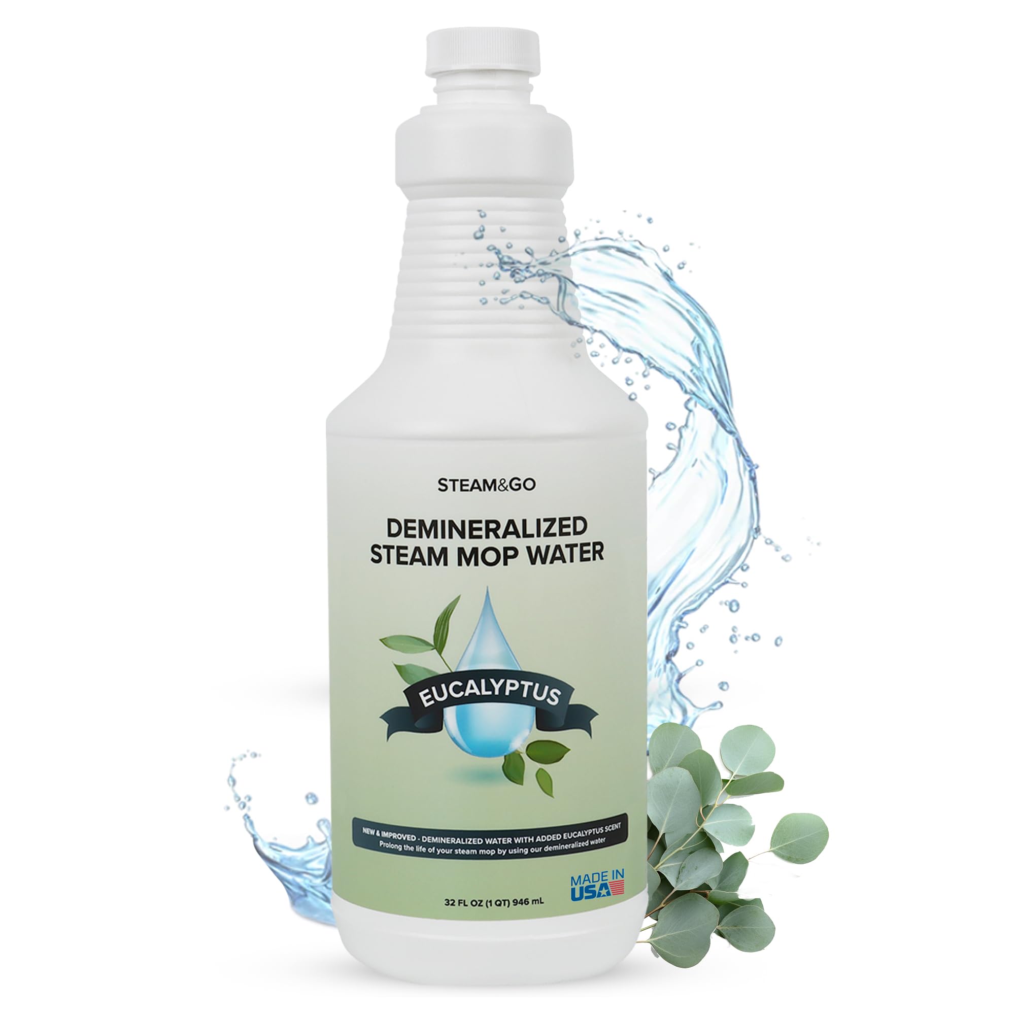Steam & Go - Demineralized Water for Steam Cleaner, PVC-Free Floor Cleaner Liquid Compatible With Any Steam Mop, Ready-to-Use Multisurface Cleaner, Scented Mop Solution, Eucalyptus Mint, 32 oz