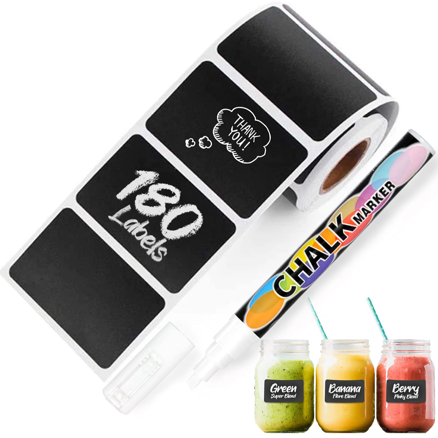 TECO Chalkboard Labels-180pcs Waterproof Reusable Durable Blackboard Stickers with a Free Premium White Liquid Chalk Marker Pen for all jars Pantry Storage Containers Bottles Cups and More ,