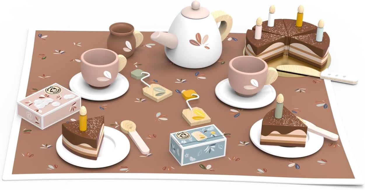 SPEEDY MONKEY Birthday Tea Set for Kids – FSC Wooden Pretend Play Tea Party & Food Set with Teapot, Cups, Cake & Tea Bag – Toddler Girls Imaginative Role Play Kitchen Toy – Colorful Gift for Dollhouse