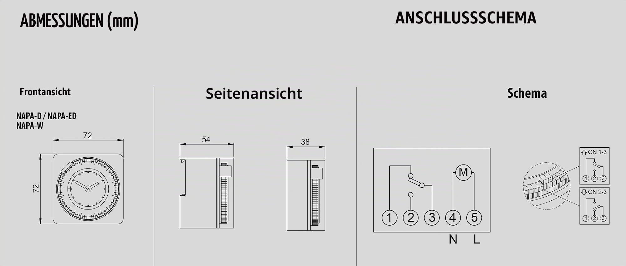 VEMER VE049300 NAPA ED - Mechanische Zeitschaltuhr mit Steckreitern mit Tagesprogrammierung, Schalttafel, Wand- oder DIN-Schienenmontage, Grau