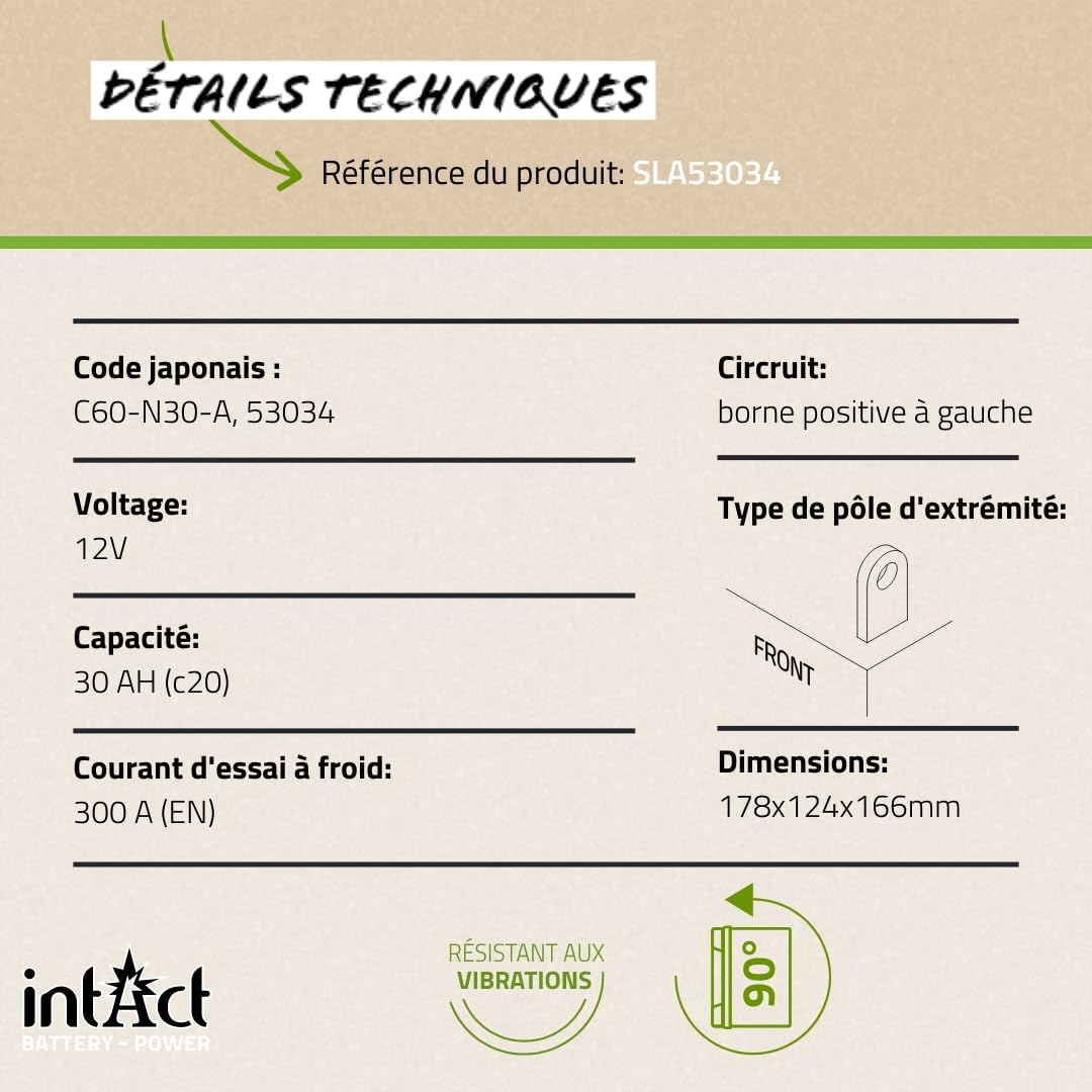 intAct - AGM BATTERIE MOTOCYCLE | Batterie pour scooter, moto, quad, etc. Batterie sans entretien & anti-fuite | SLA53034, C60-N30-A, 53034, batterie 12V, 30 AH (c20), 300 A (EN) | Dim: 178x124x166mm