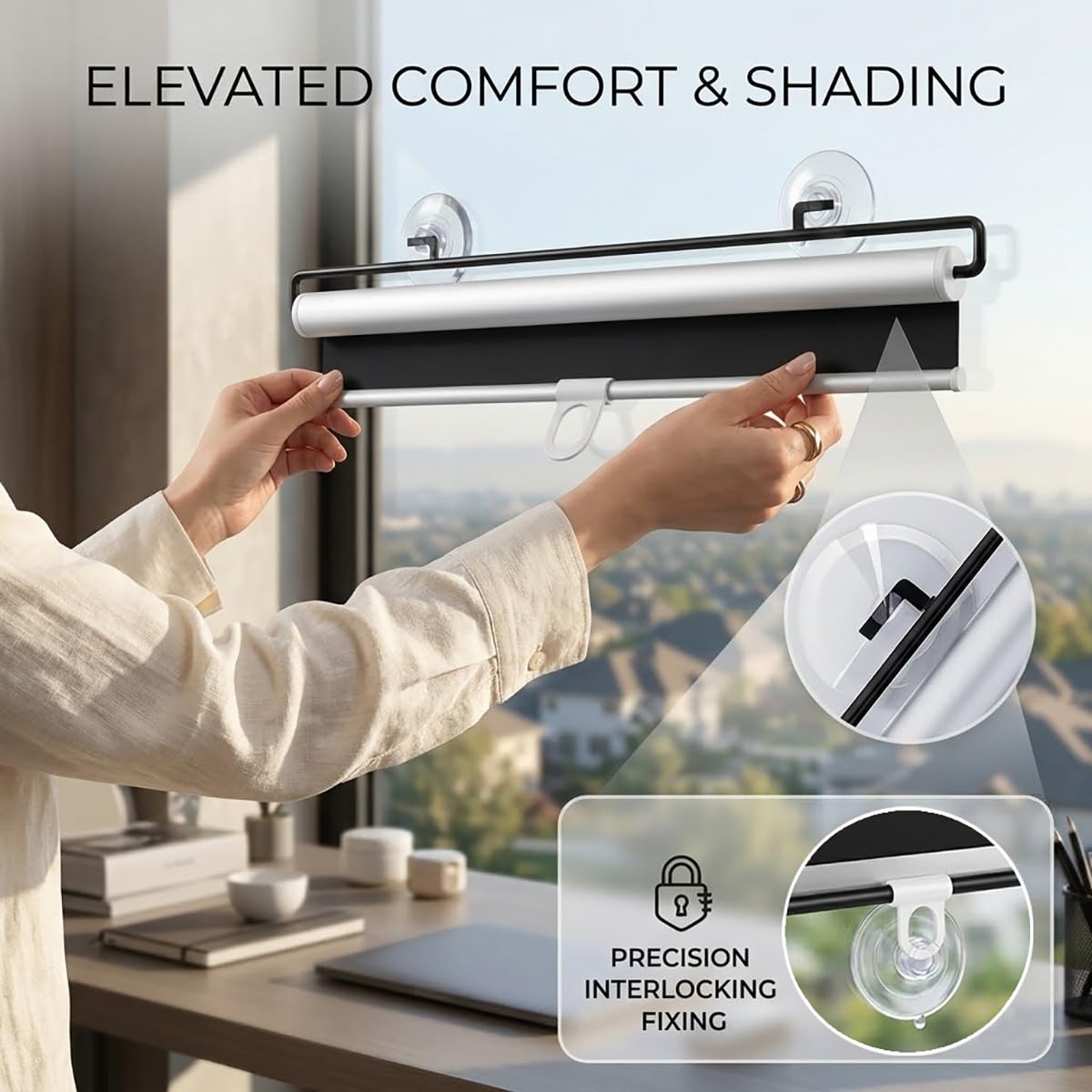 Estor Enrollable Opaco Sin Taladrar, Persiana Enrollable con Ventosa, Cortinas Blackout Protección UV, Estores Temporales Portátiles, para Ventanas Cocina Oficina y Coche(75 A x 80 H cm)