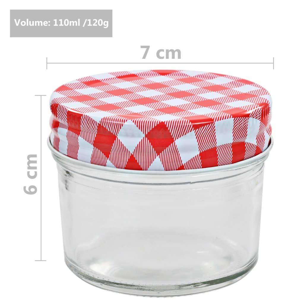 96 transparente Einmachgläser 110 ml mit rot-weißen Deckeln, ideal für Marmelade, Chutney, Essiggurken und Saucen, mit weitem Mund für einfaches Befüllen und Entnehmen.