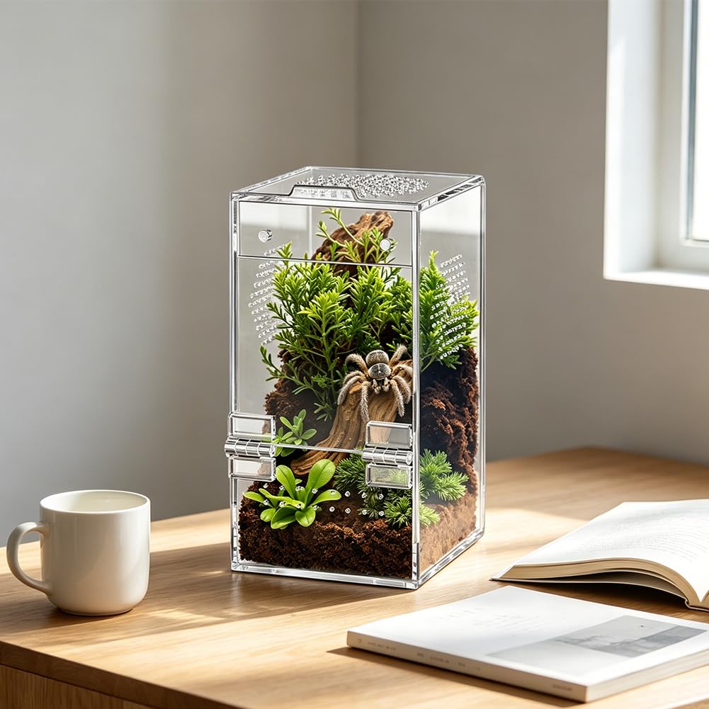 Akrylowe terrarium na pająki, 15,2 x 7,6, 7,6 cm, prostokątna wentylacja poprzeczna 360°, wstępnie zmontowany wybieg dla ślimaków, chrząszczy, ptaszników, żab i małych gadów
