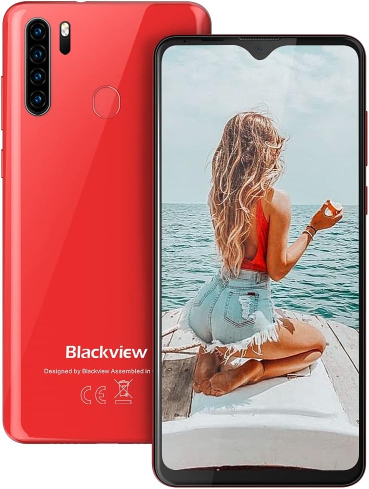 Blackview4G Mobile Phone, A80 Plus Smartphone SIM Free Android 10 Phone with 4680mAh Big Battery, 4GB RAM+64GB ROM, Quad Rear Camera, 6.49 inches Waterdrop Full-Screen, Fingerprint, Face ID - Red