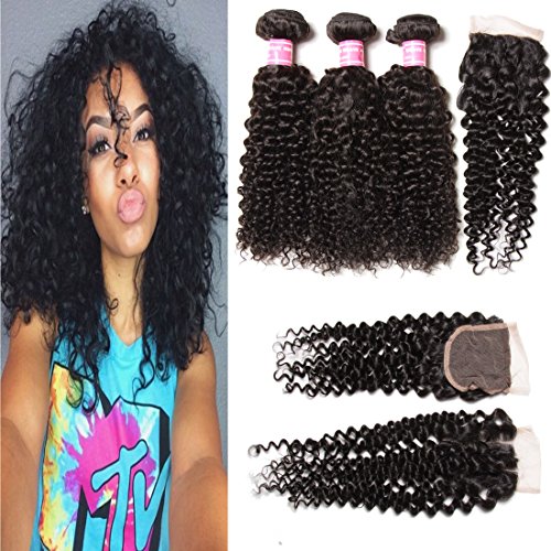 Jolia Hair 7a Grade Virgin Brazilian Wavy Curly Hair Weave with 44 Free Part Brazilian Hair Closure Natural Color Pack of 4(20 22 24+18)