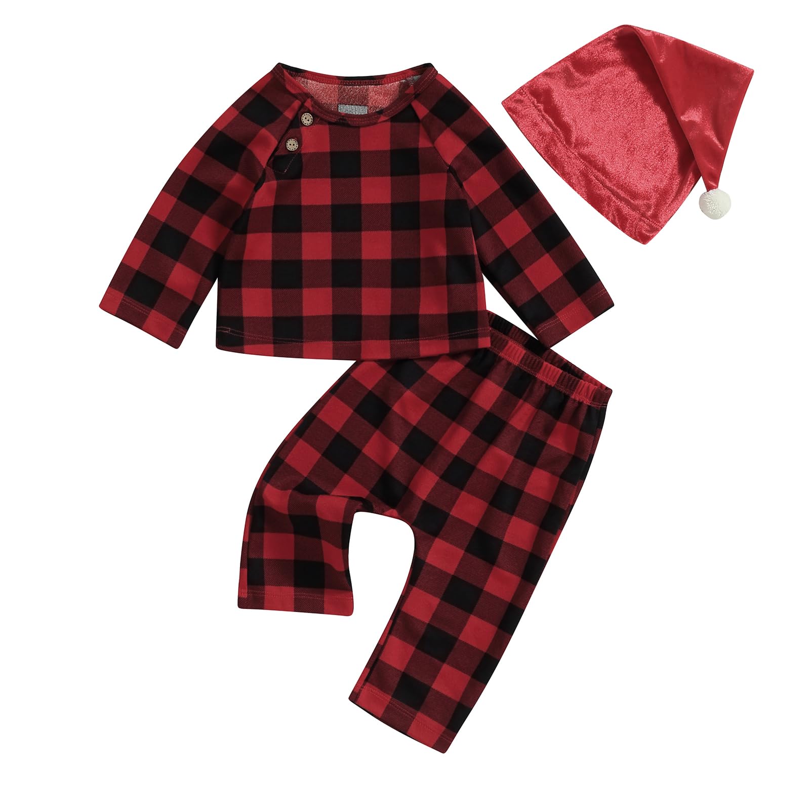 NANYKNIGHTY Baby Girl Boy Winter Outfit Xmas Deer/Santa/Tree Sweatshirt Baby Christmas Pant Set Clothes (Red Grid 3PCS, 18-24 Months)