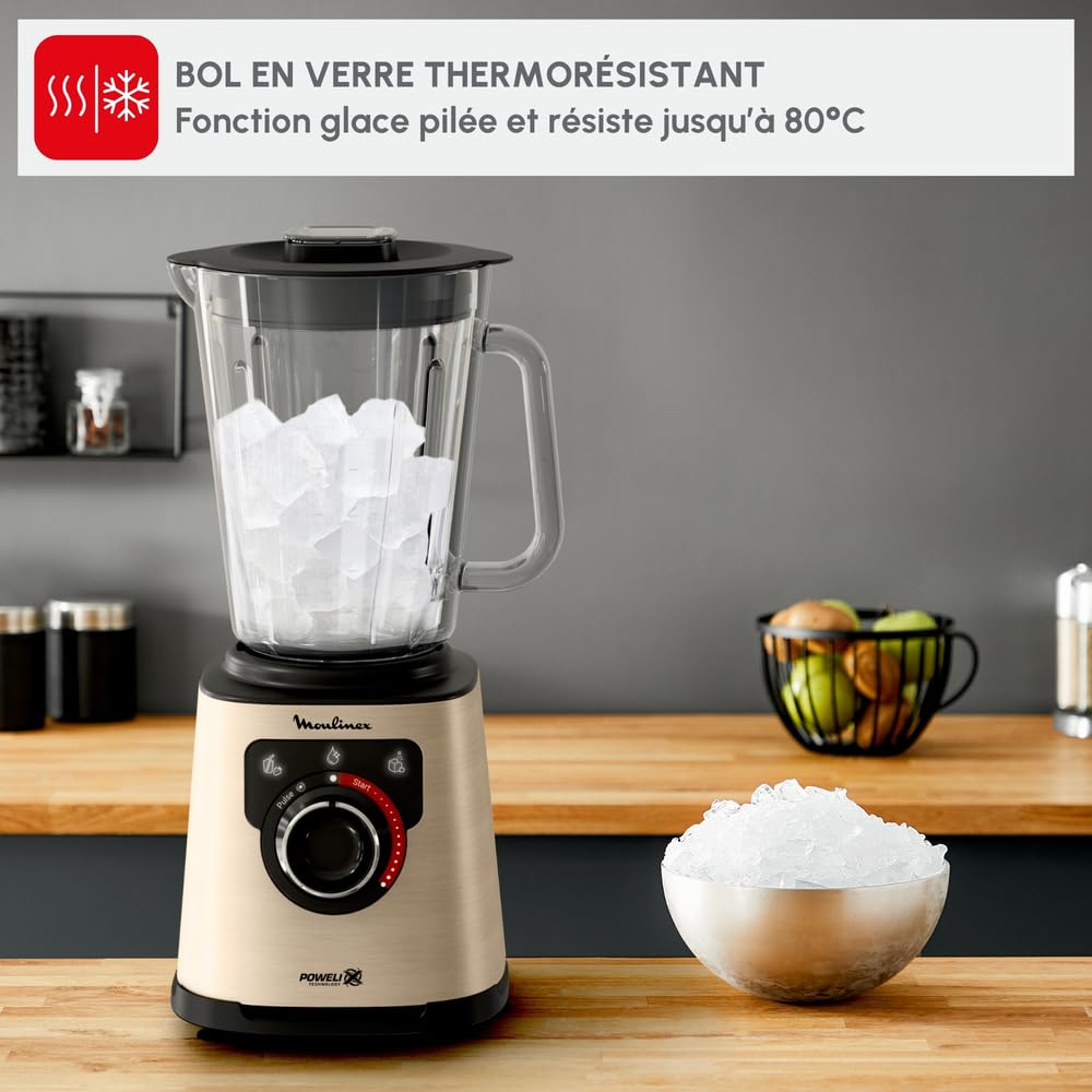 Moulinex Blender électrique, 1200 W, Bol verre capacité utile 1,5 L, Mixeur Smoothie, Technologie de lames Powelix, Haute qualité, Nettoyage facile, PerfectMix Noir/Or LM871A10