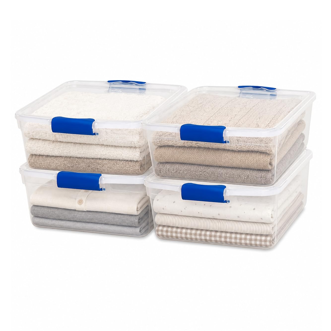 HOMZ 4-Pack 15.5 Quart Latching Lid, Clear Plastic Storage Organizer Bins, Blue – Stackable Containers for Home & Office Shelves, Kitchen, Garage, and Bathroom Organization