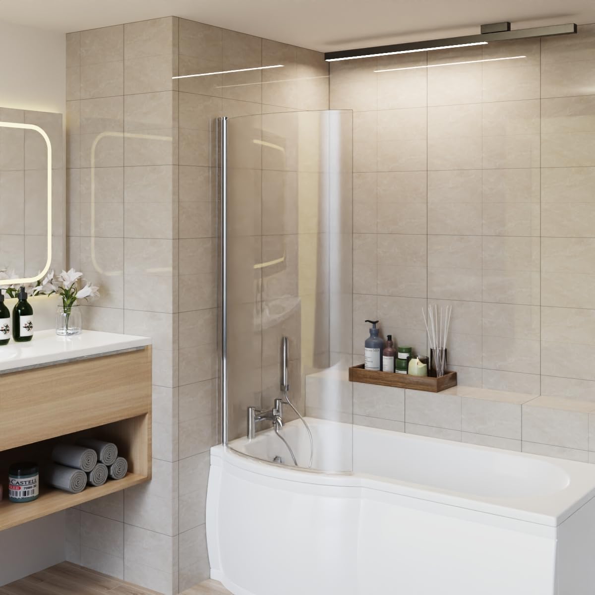 Aquariss Chrome 1400X715mm Curved P Shape Bath Shower Screen