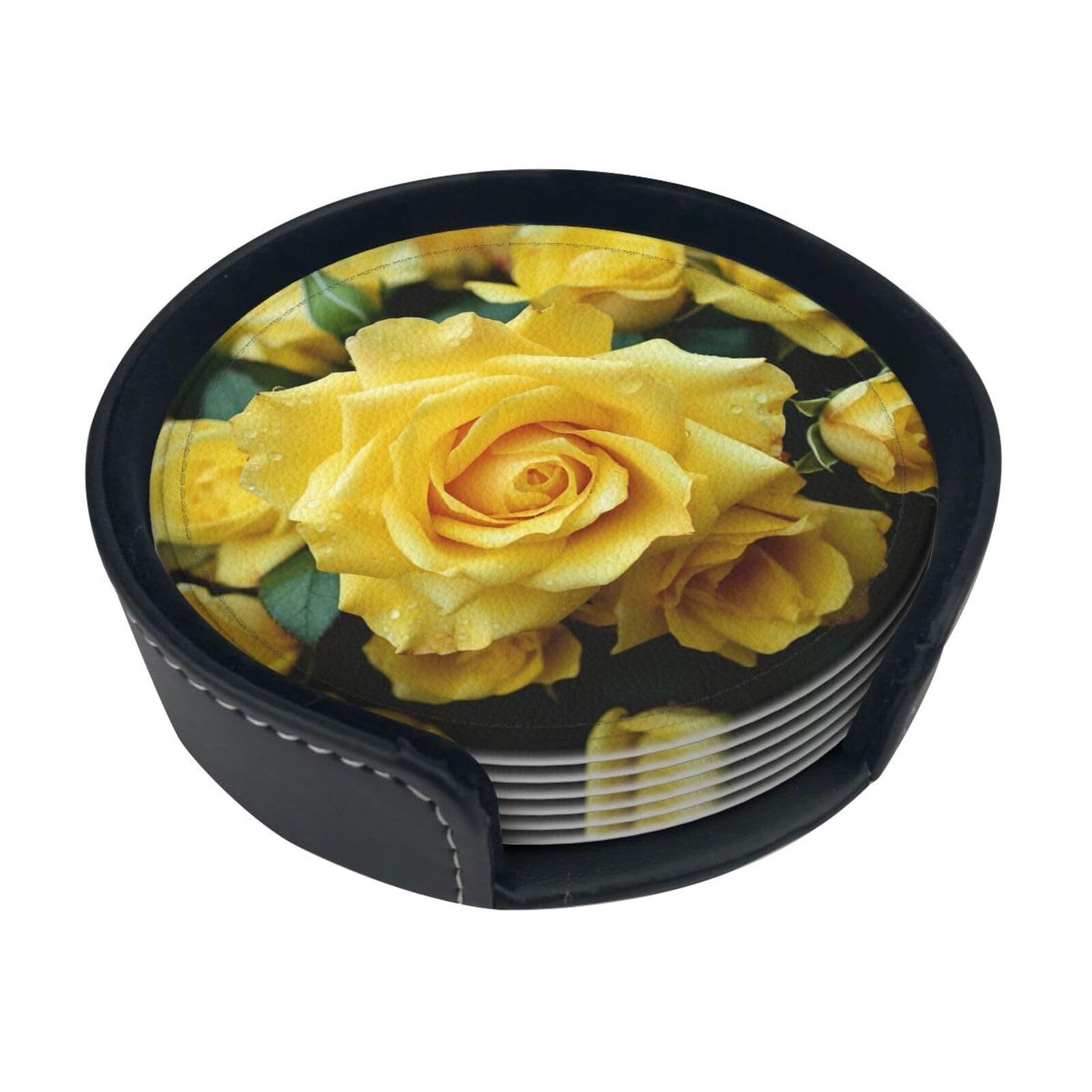 Fjwslch White Graceful Yellow Rose Flower Leather Coasters For Drinks Round Coaster Set Of 6 Drink Coasters Set With Holder Heat-Resistant Cup Mat For Tabletop Protection Tea Cup Coasters Home Decor