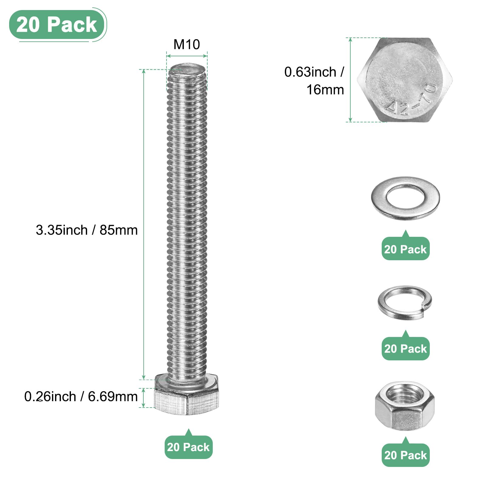 M METERXITY 20-Pack Hex Head Screw Bolt with Nuts Flat & Lock Washers M10x85mm Stainless Steel Bolts and Nuts Kit Fully Threaded Metric Bolt Assortment for Equipment/Machinery - Image 3