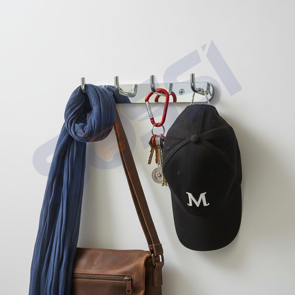 SOSSI - 4 Pin Stainless Steel Bathroom Towel Hooks Rail, Robe Hook, Wall Mounted Hook Rail for Cloth Hanger, Key Holder - Towel Hanger (Chrome Finish) (Pack of 3)