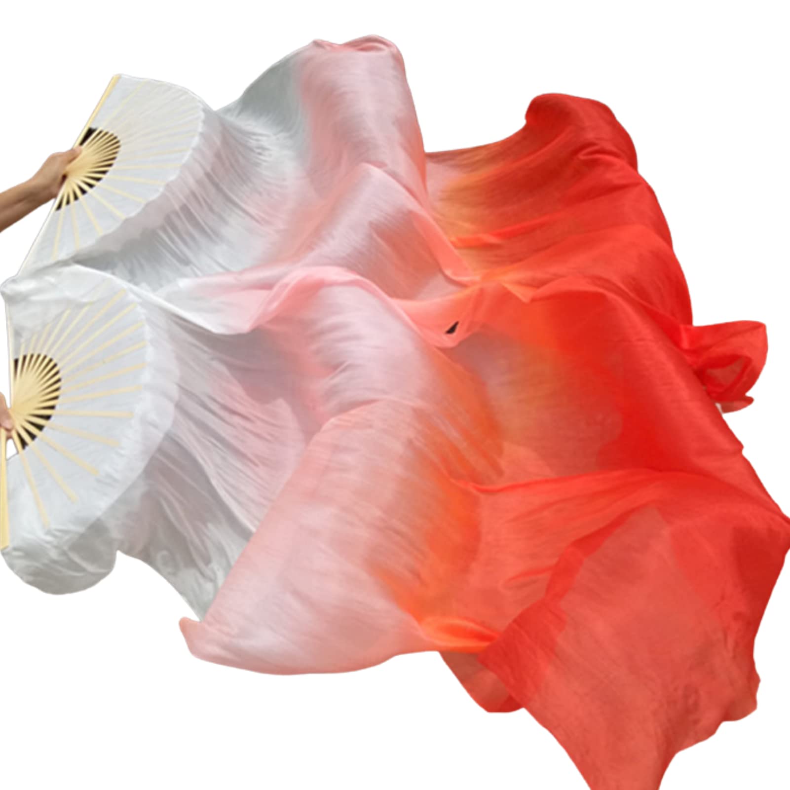 Belly Dance Faux Silk Veil Fans, 1 Pair (Left+Right) Faux Silk Bamboo Long Fans Veils, Handmade Belly Dance Dancing Silk Fans, Dance Performance
