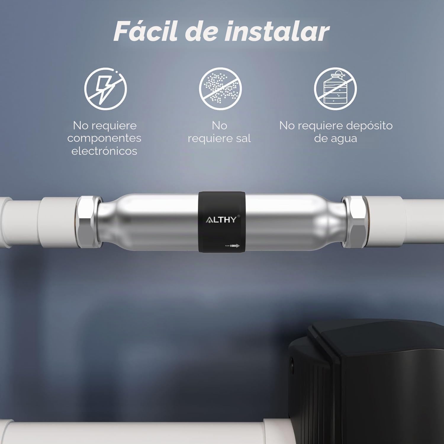 ALTHY WS200 Ablandador de agua alternativa tradicional descalcificador de agua sin sal Sin electrónica, reduce la cal y previene la corrosión por el óxido, acero inoxidable, gran caudal, 10 años de