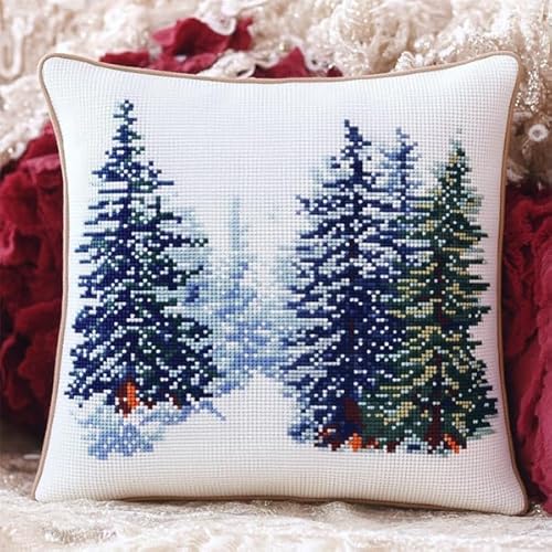ANSIWEIGO Juego de cojines de nudos para principiantes, adultos o niños, para anudar tú mismo, 43 x 43 cm, escena de nieve en el bosque invernal