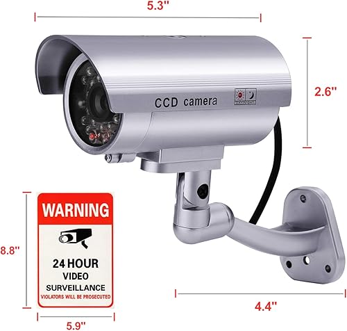 Miniatura 5 de FITNATE Cámara de seguridad falsa, 4 paquetes de sistema de cámara CCTV de seguridad de vigilancia falsa con luz LED roja intermitente para uso en
