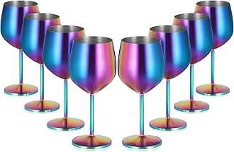 Lifecapido Stainless Steel Wine Glasses Set of 8, 18oz Colorful Stainless Steel Wine Goblets, Stemmed Metal Wine Glasses with Cup Brush for Party Office Wedding Anniversary, Great for Red White Wine