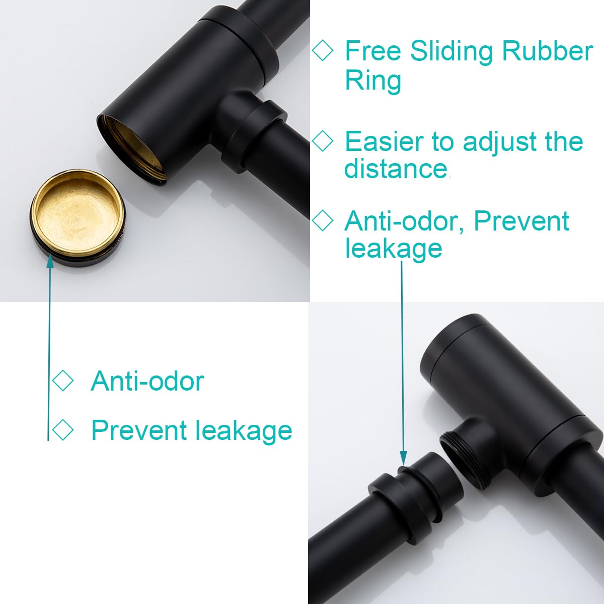 Sifón Redondo de latón con tapón de desagüe emergente, Kit de sifón Ajustable para Lavabo y Fregadero de 1 1/4" sin rebosadero, sifón Negro Mate.