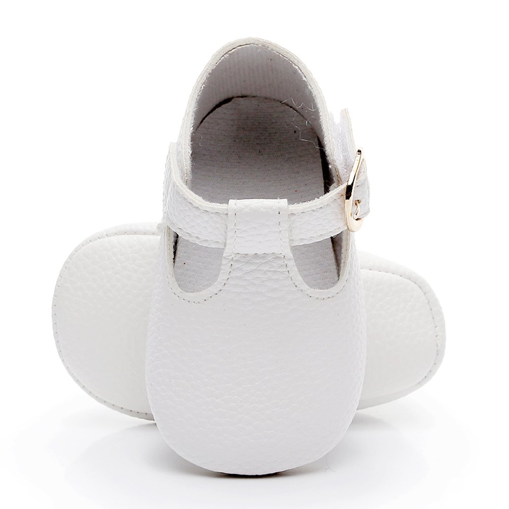 HONGTEYA Baby Girls Pure T-Strap Moccasins - Newborn First Walker Mary Jane PU Soft Soled Shoes (Size:0-6 Months/US 3.5/4.33''/See Size Chart, White)