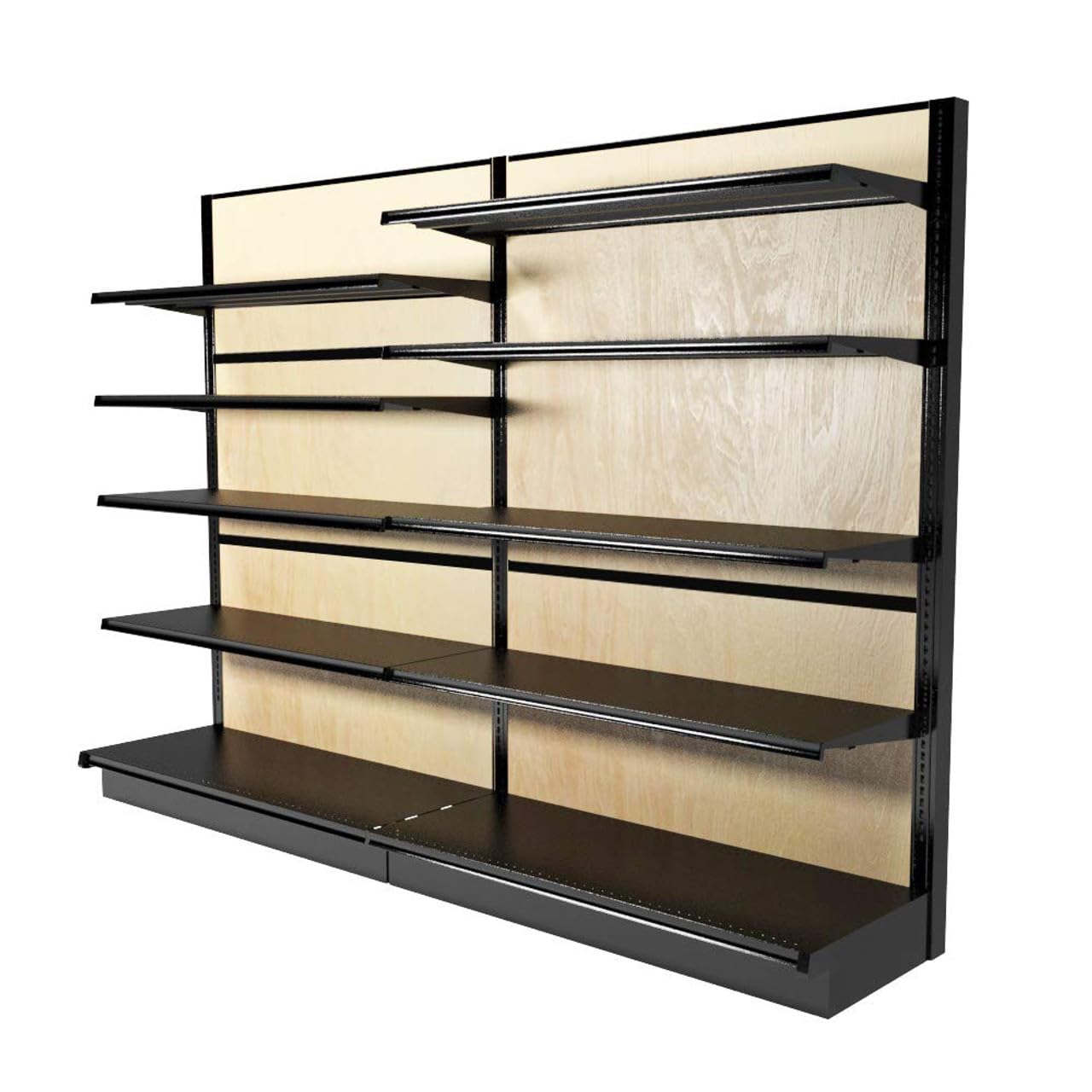 Gondola Retail Shelving Wall Display with 10 Shelves Single Sided Black & Wood 96”W x 72”H x 19”D for Retail Convenience Grocery Office Supply or Liquor Stores, Made in USA