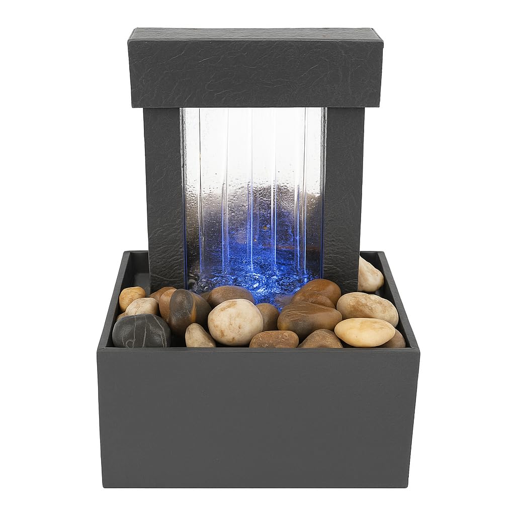 OSFT Mirrored Waterfall Tabletop Fountain with LED Light Show & Natural River Rocks – Indoor Decorative Water Feature for Home, Office, Meditation & Feng Shui Décor